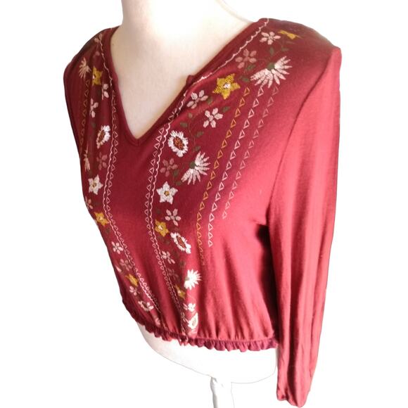 Boho Red Embroidered Peasant Crop Top Women’s S Festival Cottagecore Long Sleeve - Picture 8 of 10